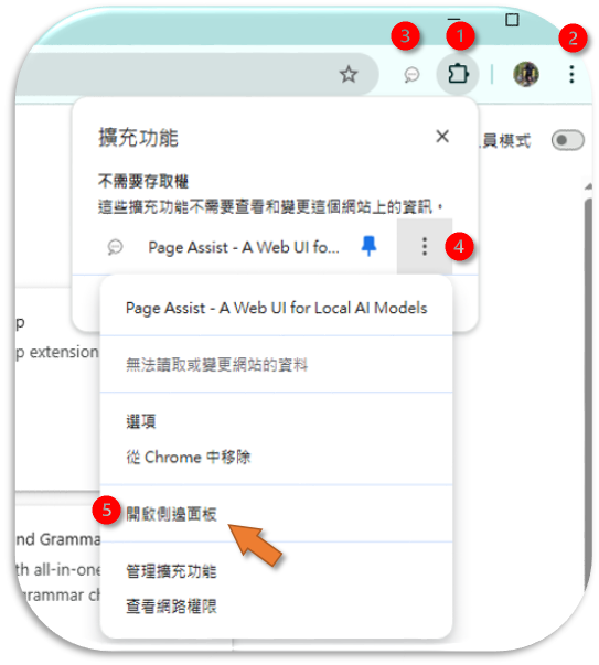 chrome瀏覽器啟動Page Assist的位置